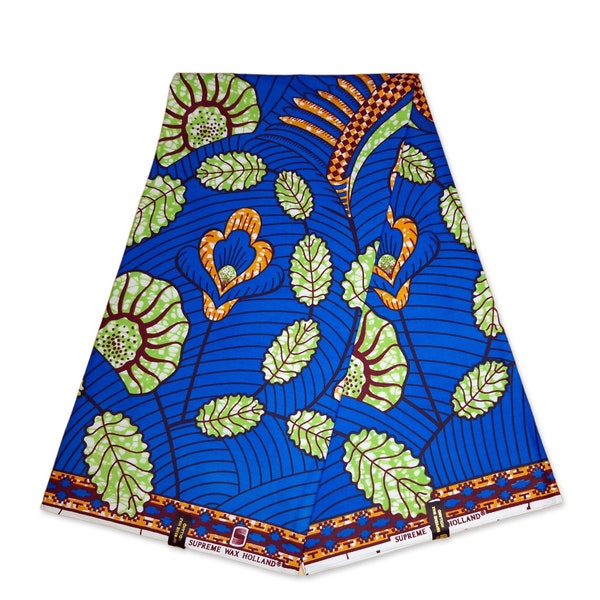 African fabric Super Wax print - Blue green leaves - Ankara Fabrics - African Super Wax cloth by the yard