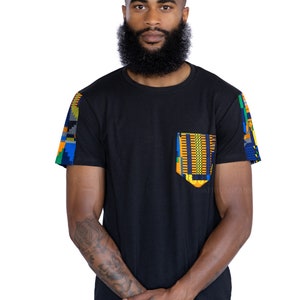 T-shirt with African print details - Blue / orange Kente pocket