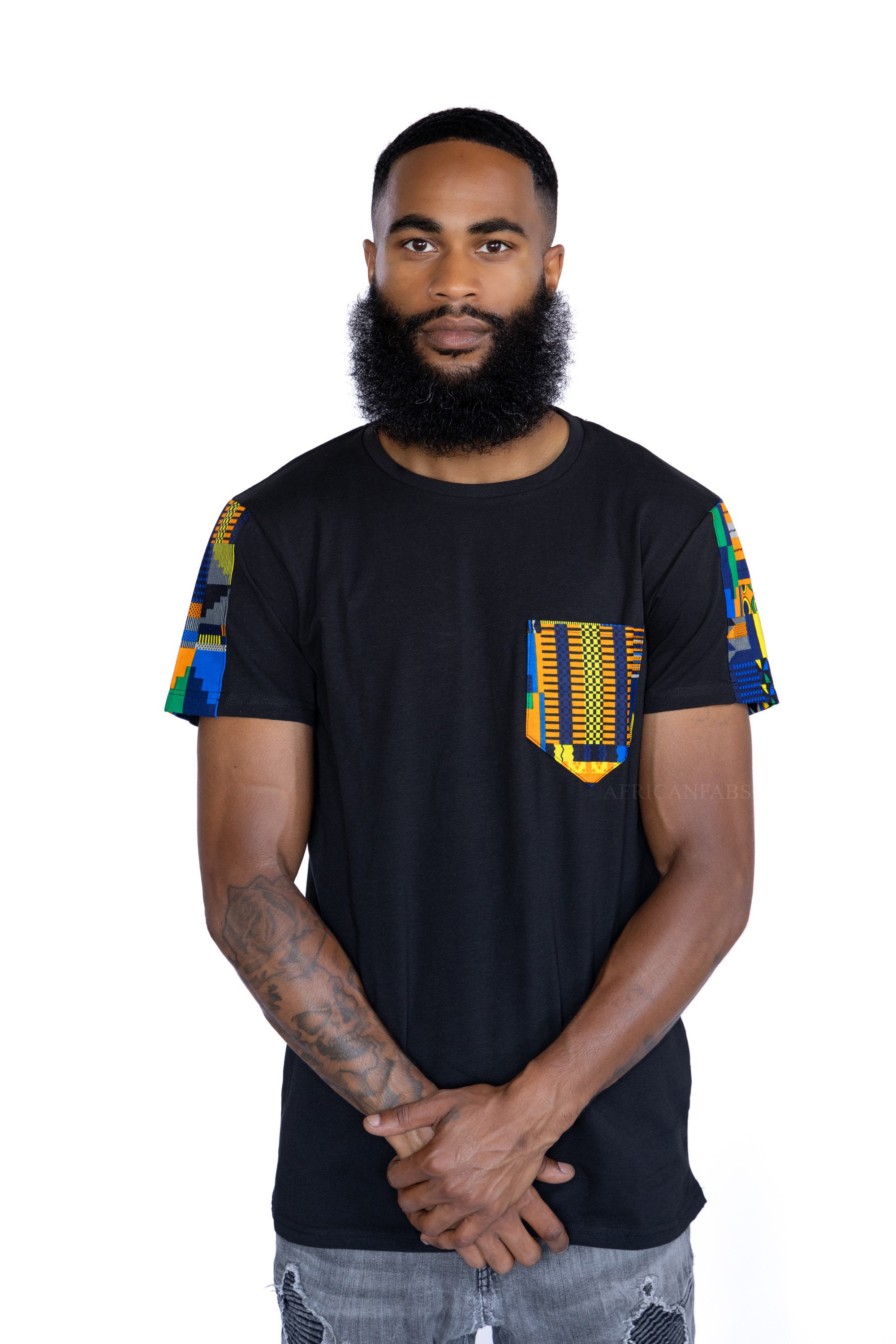 T-shirt With African Print Details - Blue / Orange Kente
