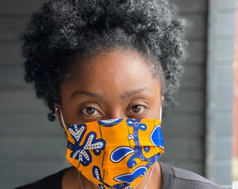 African print Mouth mask / Aankara Face mask - Yellow blue leaves - made of 100% cotton / washable / re-usable kitenge mask