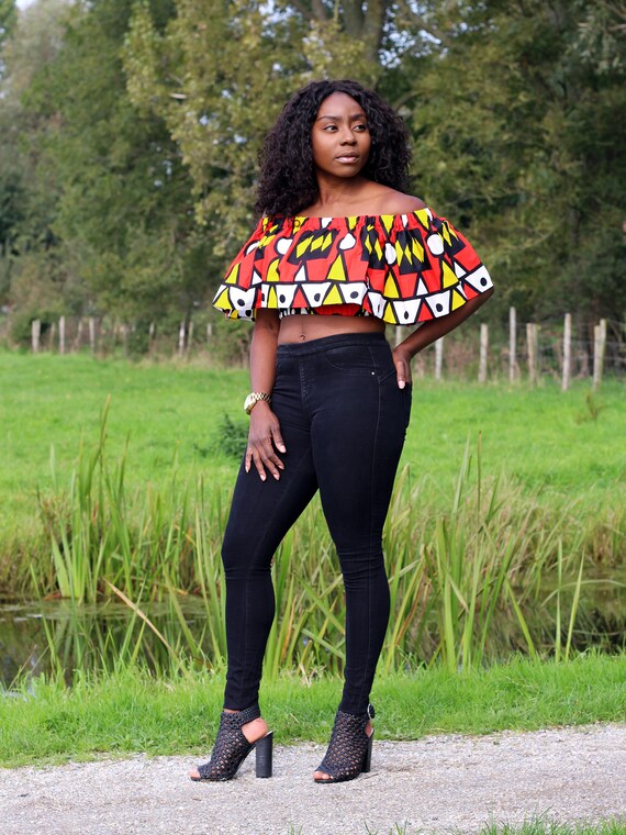 African Print Red Samakaka Crop Top Wax 