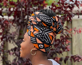 Afrikanischer Headwrap - Schwarz / Lachs Bogolan - 100% Baumwolle Ankara Druck Stoff Turban / Schal / Stirnband / Stirnband / Stirnband / Wrap