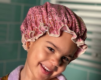 Kids shower cap / Shower cap for children / Pink - Gold Leopard