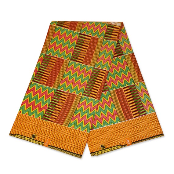 KENTE Fabric African Green / Orange Kente Ghana Cloth Print | Etsy