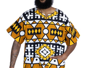 Senffarbenes Samakaka Dashiki Shirt / Dashiki Kleid - Afrikanisches Print Top - Unisex