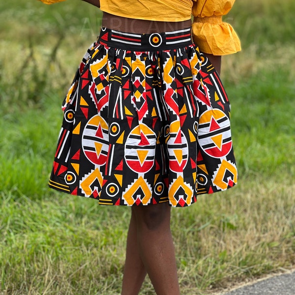 African print Red Yellow  / mud cloth - wax mini skirt, ankara skirt, African fabric clothing, midi skirt, ankara dress