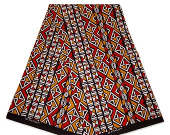 Afrikanischer Roter / Oranger Bogolan / Schlammtuch Print Stoff - Afrikanischer Print Wachsstoff aus Mali - Traditionelles Tuch 100% Baumwolle