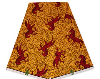 Vlisco Wax Hollandais - YELLOW / Red JUMPING HORSE African Wax print fabric - Ankara Cotton Fabrics - African Wax cloth by the yard