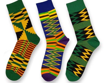 Set of 3 pairs Green Kente KOFI African socks / Afro socks / African Print Socks