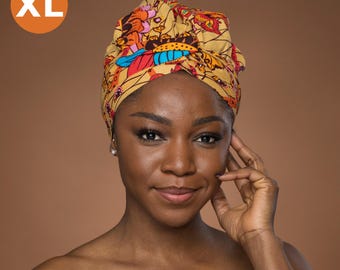 XL Easy headwrap - Satin lined hair bonnet with straps - Beige Orange Botanical Flow - African turban / pre wrapped head wrap