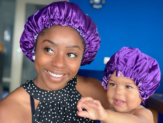 Bonnet de cheveux en satin violet ensemble mère fille / maman et