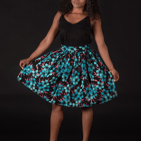 African print Black / Blue flowers Mini Skirt - wax print skirt, ankara skirt, African clothing
