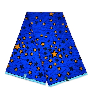 Vlisco Wax Hollandais - Blue / Orange Stars African Wax print fabric - Ankara Cotton Fabrics - African Wax cloth by the yard