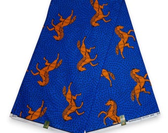 Vlisco Wax Hollandais - Blue / Orange JUMPING HORSE- African Wax print fabric - Ankara Cotton Fabrics - African Wax cloth by the yard