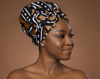 Easy headwrap - African print Satin lined hair bonnet - Brown & Beige Bogolan - Semi Pre-Tied turban