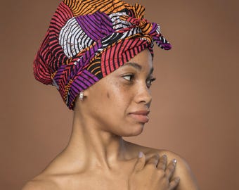 Easy headwrap - African print Satin lined hair bonnet - Orange & Purple Concentric - Semi Pre-Tied turban