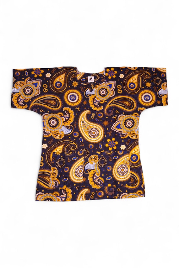 Navy blue Yellow Paisley Dashiki Shirt / Dashiki Dress - African print top - Unisex