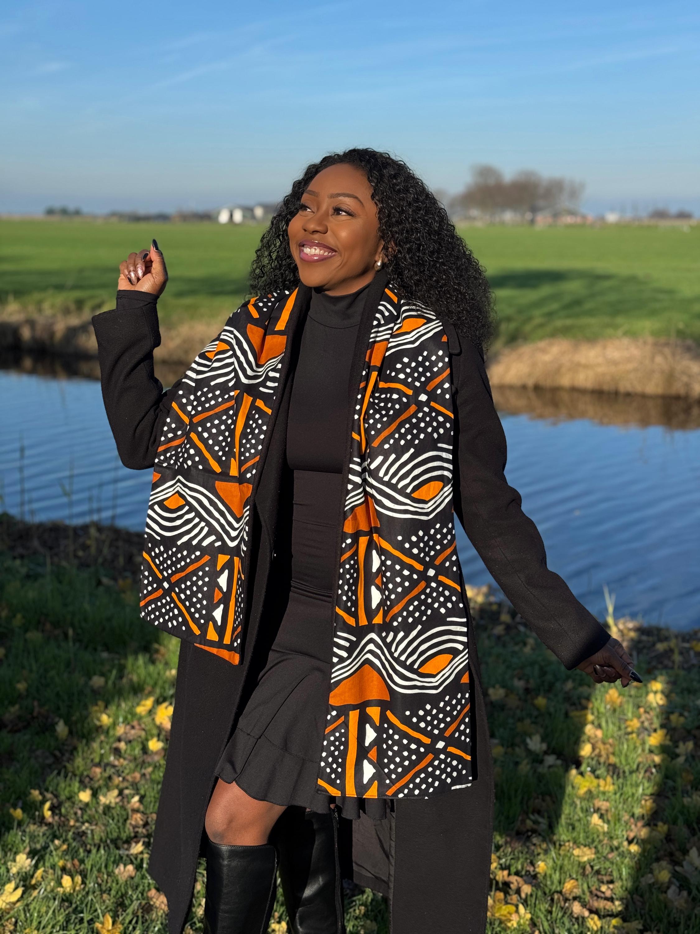 African Print Winter Scarf Unisex - Slim Model - Orange Brown