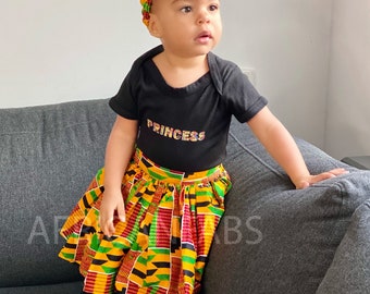 Estampado africano Kids Skirt + Headtie con arco en estampado Kente ( 1 - 10 años ) - Ankara moda infantil