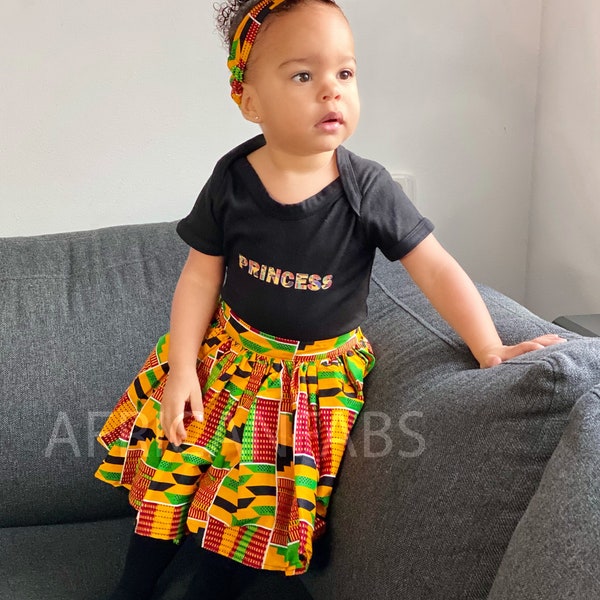 African print Kids Skirt + Headtie with Bow set in Kente print ( 1 - 10 years ) - Ankara children's fashion