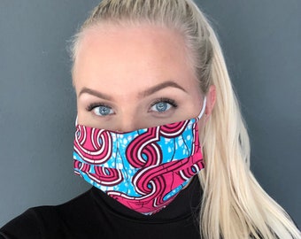 African print Mouth mask / Aankara Face mask - Pink blue heraldic - made of 100% cotton / washable / re-usable kitenge mask