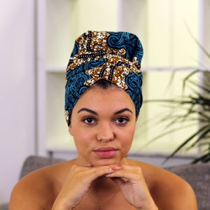 Easy headwrap Satin lined hair bonnet Blue / Mustard classic headband / bandana image 1