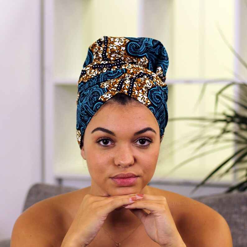 Easy headwrap Satin lined hair bonnet Blue / Mustard classic headband / bandana image 1