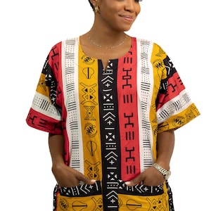 Red Bogolan Symbols Dashiki Shirt / Dashiki Dress - African print top - Unisex