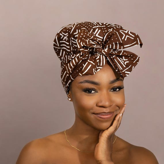 Easy Headwrap Satin Lined Hair Bonnet Bogolan Brown Headband