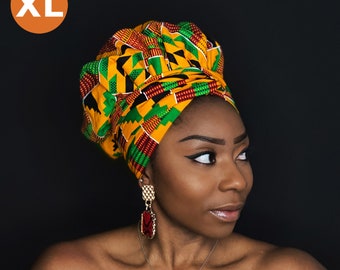 XL Easy Headwrap - Satingefütterte Haarhaube mit Trägern - Orange / grüner Kente - Afrikanischer Turban / vorgewickelter Kopfwickel