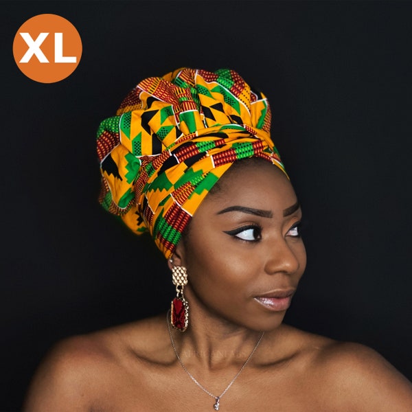 XL Easy Headwrap - Satingefütterte Haarhaube mit Trägern - Orange / grüner Kente - Afrikanischer Turban / vorgewickelter Kopfwickel