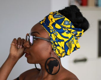 Foulard vlisco jaune / bleu africain leaftrail / headwrap - foulard imprimé cire / enveloppement de tête / bandana - Bandeau coton / tissu ankara