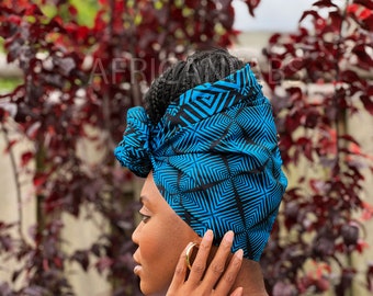 Afrikanischer Headwrap - Blauer Bogolan - 100% Baumwolle Ankara Print Stoff Turban / Schal / Stirnband / Stirnband / Stirnband / Wrap