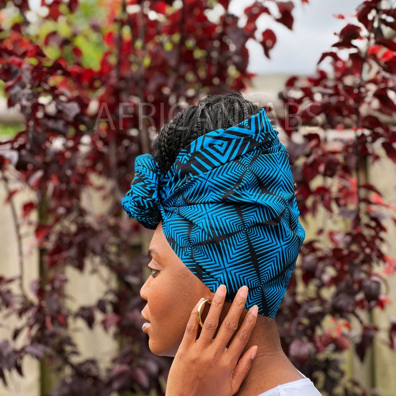 Afrikanischer Headwrap Blauer Bogolan 100% Baumwolle Ankara Print Stoff Turban / Schal / Stirnband / Stirnband / Stirnband / Wrap Bild 1