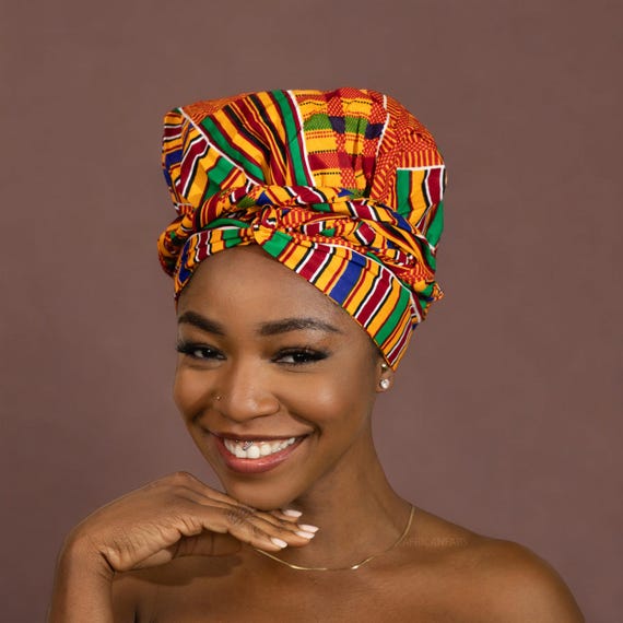 Easy Headwrap - Satin Lined Hair Bonnet With Straps - Kente  display picture 3