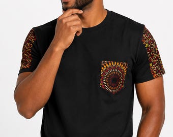 Men's Slim Fit Cotton T-shirt with African print details - Brown Orange Savanna Sun Pocket