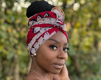 Afrikanischer Kopfwickel - Rot / Beige - 100 % Baumwolle, Ankara-Druckstoff, Turban / Schal / Stirnband / Kopfbinde / Wickeltuch