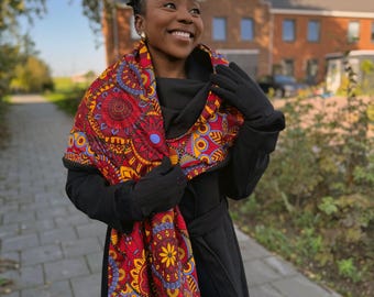 African print Warm Fleece Winter scarf for Adults Unisex - Red Mandala Patchwork