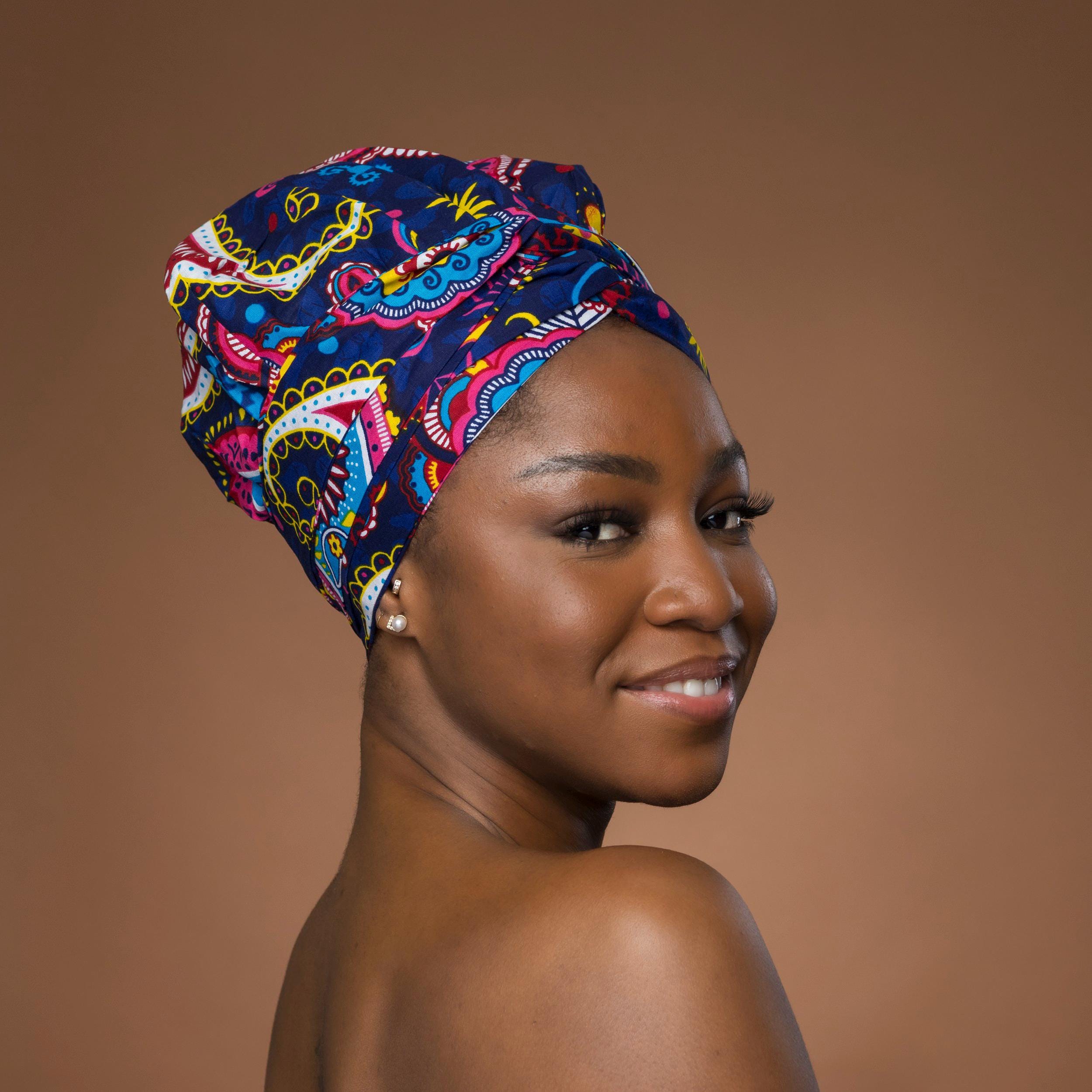 Pre-tied Turban (Blue & Orange Kente) Kente Jumbo Silk Lined African Print ( Red- Yellow)/Kente  main image 2