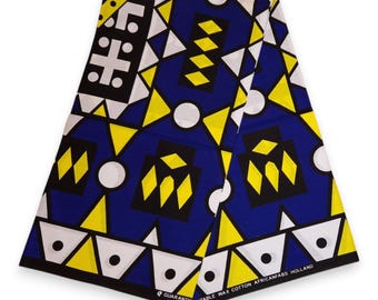 Tkanina z nadrukiem afrykańskim - Niebiesko-żółta Samakaka / Samacaca (Angola) - Tkanina z nadrukiem woskowym / Tkanina afrykańska / Materiał Ankara - 100% bawełna