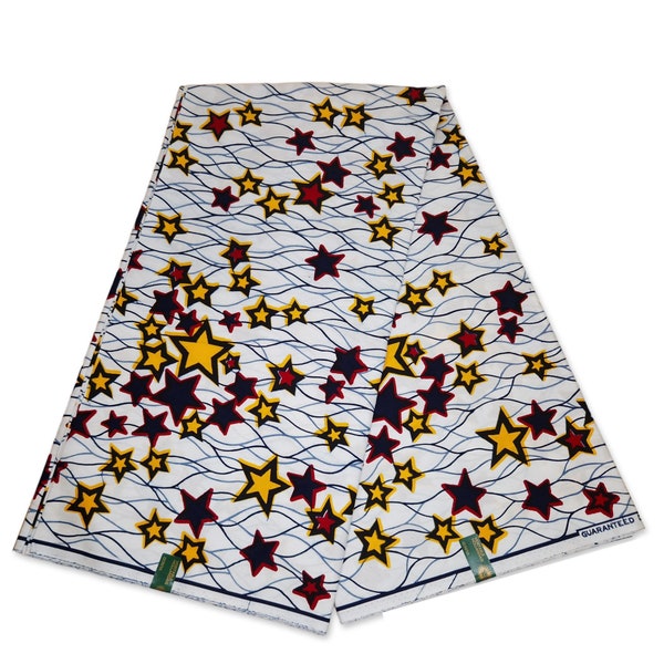 Vlisco Wax Hollandais - White Yellow / Red Stars African Wax print fabric - Ankara Cotton Fabrics - African Wax cloth by the yard