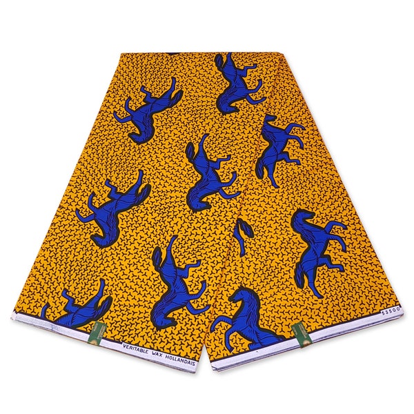 Vlisco Hollandais - Afrikanischer Wachsdruckstoff GELB / Blau SPRINGENDES PFERD - Ankara-Baumwollstoffe - Niederländischer Wachsdruck (afrikanische Tücher)