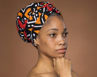 Easy headwrap - African print Satin lined hair bonnet - Red & Orange Bogolan - Semi Pre-Tied turban