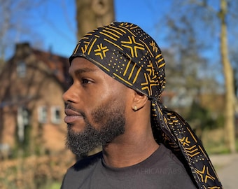 Durag / Du-rag / Do-rag / Bandana - African print cotton - Unisex - Black / Yellow Bogolan