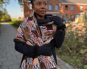 African print Warm Fleece Winter scarf for Adults Unisex - Brown Bogolan Mosaic