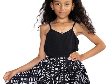 African print Kids Skirt + Headtie with Bow set in Black / white Bogolan ( 1 - 10 years ) - Ankara children's fashion