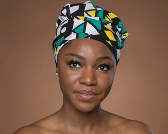 Easy headwrap - African print Satin lined hair bonnet - Turquoise Yellow Samakaka / Samacaca - Semi Pre-Tied turban