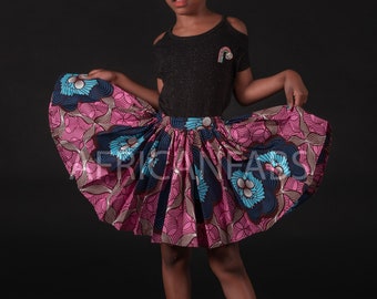 African print Kids Skirt + Headtie with Bow set in Blue / pink  ( 1 - 10 years ) - Ankara children's fashion