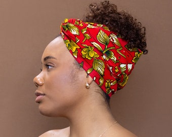 Afrikanischer Kopfwickel - Rot-Gelbe Blumen - 100 % Baumwolle, Ankara-Druckstoff, Turban / Schal / Stirnband / Kopfbinde / Wickeltuch