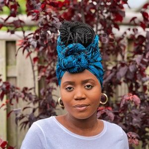 Afrikanischer Headwrap Blauer Bogolan 100% Baumwolle Ankara Print Stoff Turban / Schal / Stirnband / Stirnband / Stirnband / Wrap Bild 2